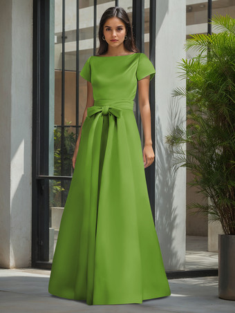 ライトグリーン 花嫁の母親のためのパーティードレス ジュエルネック 半袖 Aライン サッシュ ウェディングゲストドレス