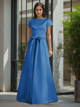 スカイブルー 花嫁の母親のためのパーティードレス ジュエルネック 半袖 Aライン サッシュ ウェディングゲストドレス