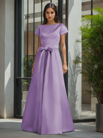 バイオレット花嫁の母親のためのパーティードレス ジュエルネック 半袖 Aライン サッシュ ウェディングゲストドレス