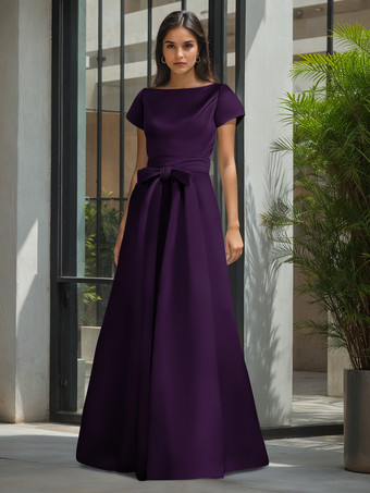 パープル 花嫁の母親のためのパーティードレス ジュエルネック 半袖 Aライン サッシュ ウェディングゲストドレス