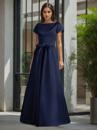 ダークネイビー花嫁の母親のためのパーティードレス ジュエルネック 半袖 Aライン サッシュ ウェディングゲストドレス