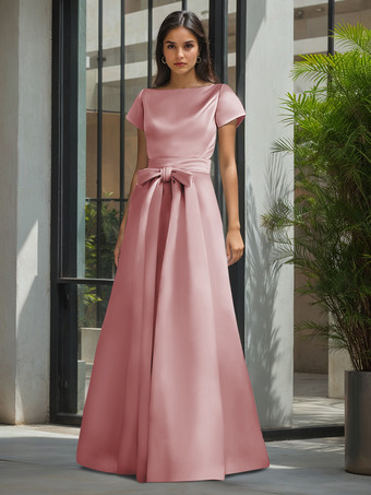 カメオピンク花嫁の母親のためのパーティードレス ジュエルネック 半袖 Aライン サッシュ ウェディングゲストドレス