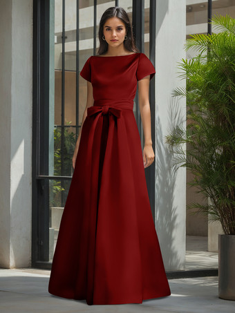 バーガンディー花嫁の母親のためのパーティードレス ジュエルネック 半袖 Aライン サッシュ ウェディングゲストドレス