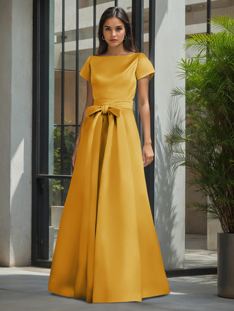 ゴールド 花嫁の母親のためのパーティードレス ジュエルネック 半袖 Aライン サッシュ ウェディングゲストドレス