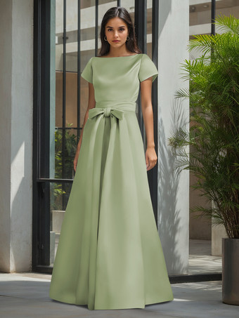 セージグリーン花嫁の母親のためのパーティードレス ジュエルネック 半袖 Aライン サッシュ ウェディングゲストドレス