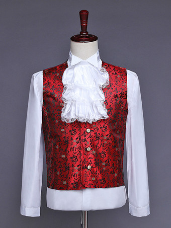 バーガンディ ヴィンテージ セット レトロ ボタン フリル ジャカード 長袖 ポリエステル オーバーコート レトロ コスチューム 男性用