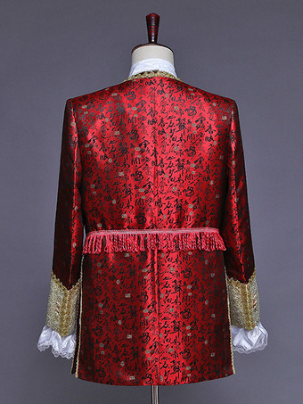 バーガンディ ヴィンテージ セット レトロ ボタン フリル ジャカード 長袖 ポリエステル オーバーコート レトロ コスチューム 男性用