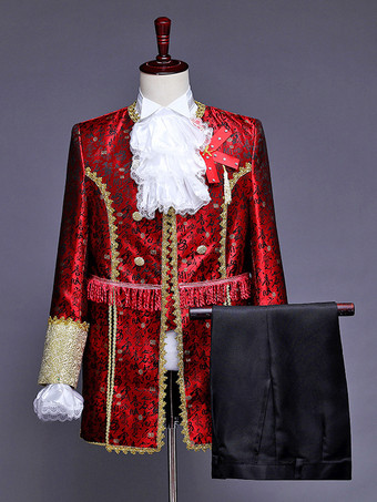 ワインレッド バーガンディ ヴィンテージ セット レトロ ボタン フリル ジャカード 長袖 ポリエステル オーバーコート レトロ コスチューム 男性用