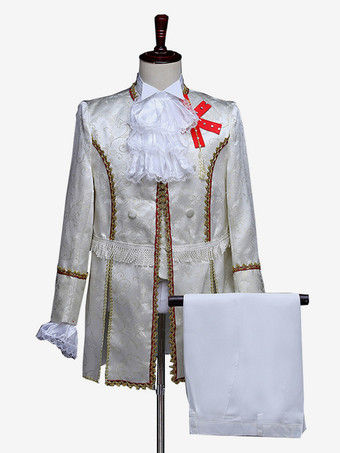 アイボリー バーガンディ ヴィンテージ セット レトロ ボタン フリル ジャカード 長袖 ポリエステル オーバーコート レトロ コスチューム 男性用