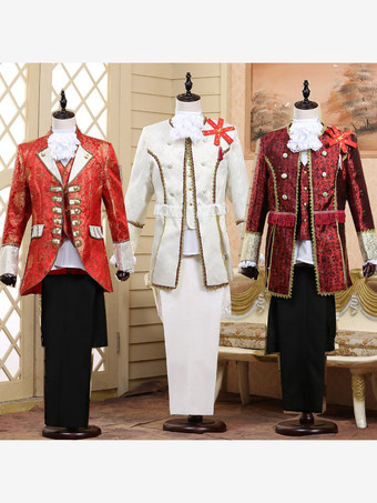 バーガンディ ヴィンテージ セット レトロ ボタン フリル ジャカード 長袖 ポリエステル オーバーコート レトロ コスチューム 男性用