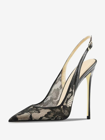 レース パーティーシューズ ホワイト ポインテッドトゥ スリングバック ハイヒール パンプス