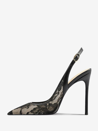 ブラック レース パーティーシューズ ホワイト ポインテッドトゥ スリングバック ハイヒール パンプス