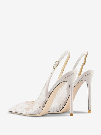 レース パーティーシューズ ホワイト ポインテッドトゥ スリングバック ハイヒール パンプス