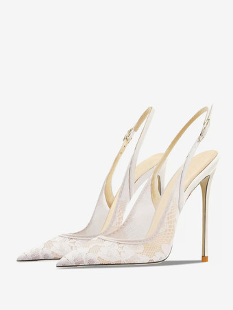 レース パーティーシューズ ホワイト ポインテッドトゥ スリングバック ハイヒール パンプス