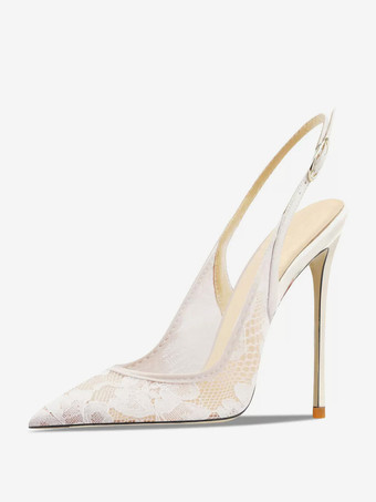 レース パーティーシューズ ホワイト ポインテッドトゥ スリングバック ハイヒール パンプス