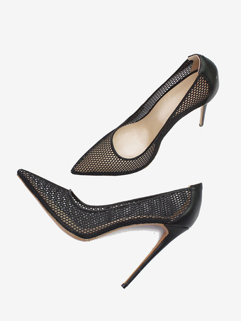 ブラックメッシュハイヒール ポインテッドトゥ スティレットヒール パンプス