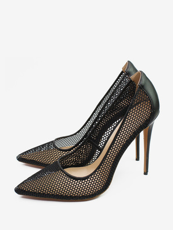 ブラックメッシュハイヒール ポインテッドトゥ スティレットヒール パンプス
