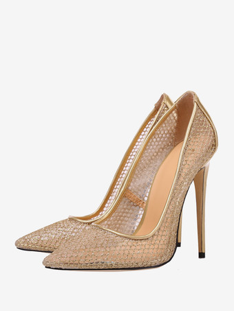 ブラックメッシュハイヒール ポインテッドトゥ スティレットヒール パンプス