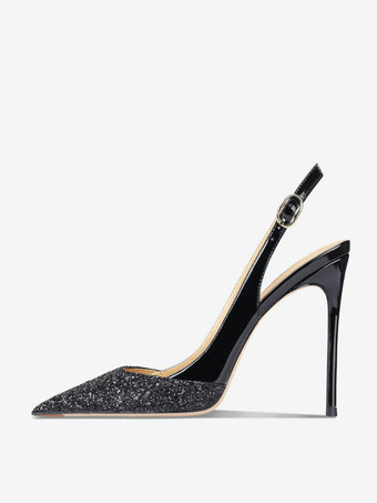 ブラック レディース パーティーシューズ グリッター パッチワーク ハイヒール プロムシューズ