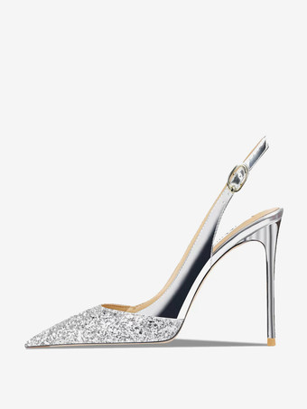 シルバー レディース パーティーシューズ グリッター パッチワーク ハイヒール プロムシューズ