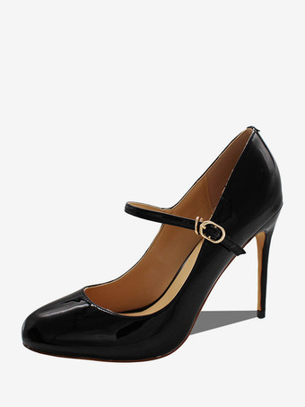 ブラック ハイヒール メリージェーンシューズ ブラック バックル ラウンドトゥ スティレットヒール パンプス