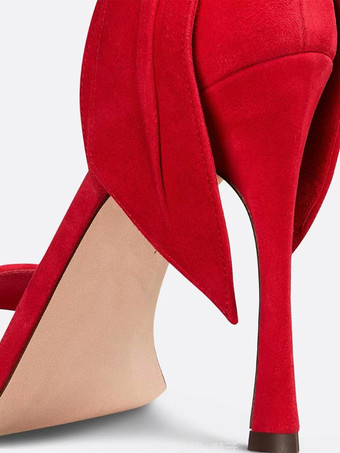 ハイヒールサンダル レッド オープントゥ バックルディテール リボン プロムシューズ