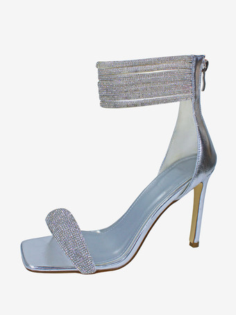 argent Sandales à talons hauts avec strass et bout ouvert et bride à la cheville Chaussures de bal