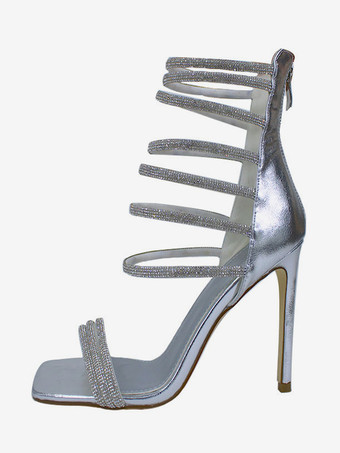 シルバー シルバー パーティーシューズ ハイヒール オープントゥ ラインストーン ストラップ スティレット サンダルシューズ