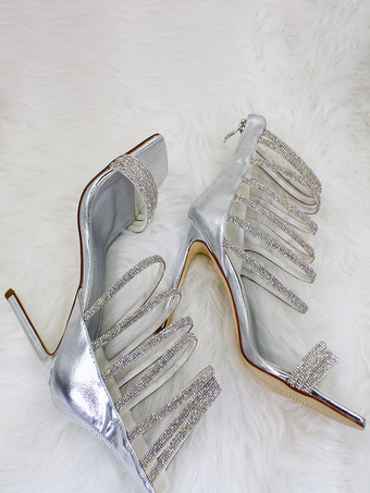 シルバー パーティーシューズ ハイヒール オープントゥ ラインストーン ストラップ スティレット サンダルシューズ