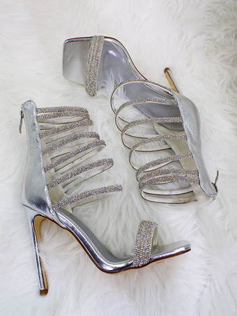 シルバー パーティーシューズ ハイヒール オープントゥ ラインストーン ストラップ スティレット サンダルシューズ