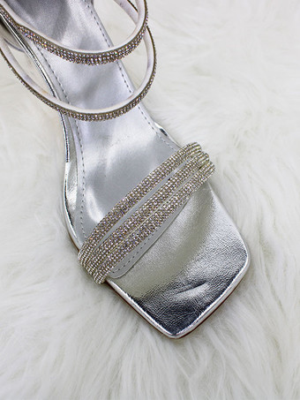 シルバー パーティーシューズ ハイヒール オープントゥ ラインストーン ストラップ スティレット サンダルシューズ