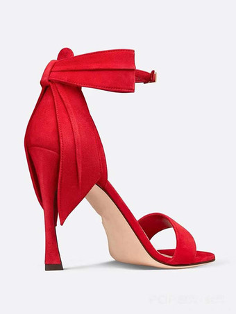 ハイヒールサンダル レッド オープントゥ バックルディテール リボン プロムシューズ