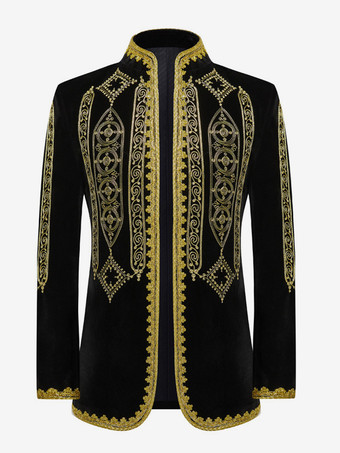 SchwarzSchwarzes Vintage-Oberteil im Retro-Stil aus Polyester mit bestickten Knöpfen Farbblock lange Ärmel Retro-Kostüme für Männer