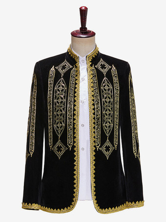 Schwarzes Vintage-Oberteil im Retro-Stil aus Polyester mit bestickten Knöpfen Farbblock lange Ärmel Retro-Kostüme für Männer