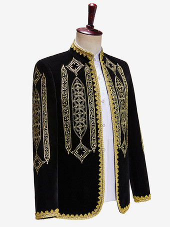 Schwarzes Vintage-Oberteil im Retro-Stil aus Polyester mit bestickten Knöpfen Farbblock lange Ärmel Retro-Kostüme für Männer