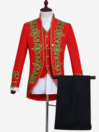 レッド ブラック ヴィンテージ セット レトロ アップリケ ボタン ハート柄 長袖 ポリエステル オーバーコート レトロ コスチューム 男性用