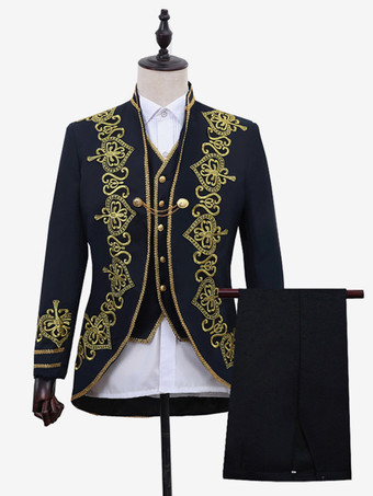 ブラック ブラック ヴィンテージ セット レトロ アップリケ ボタン ハート柄 長袖 ポリエステル オーバーコート レトロ コスチューム 男性用