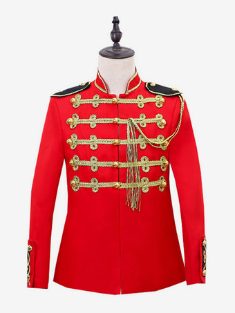Red Red Vintage Top Retro Fringe Buttons Color Block Long Sleeves Polyester Overcoat Retro Costumes For Man