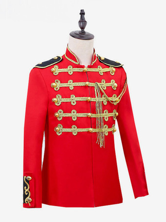 Red Vintage Top Retro Fringe Buttons Color Block Long Sleeves Polyester Overcoat Retro Costumes For Man
