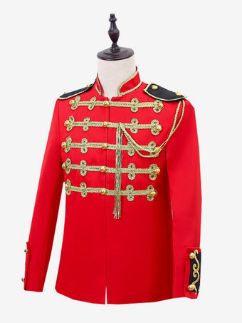 Red Vintage Top Retro Fringe Buttons Color Block Long Sleeves Polyester Overcoat Retro Costumes For Man