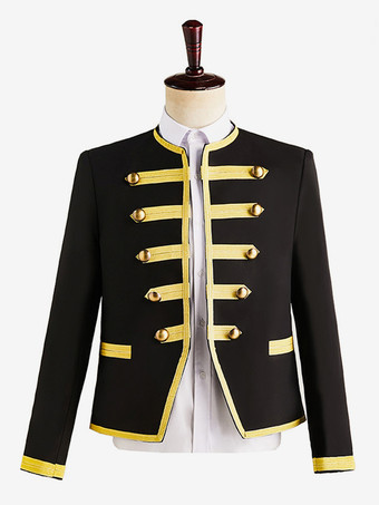 Black Vintage Top Euro-Style Buttons Color Block Long Sleeves Polyester Overcoat Retro Costumes For Man