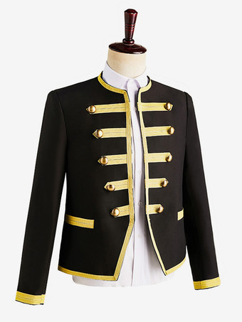 Black Vintage Top Euro-Style Buttons Color Block Long Sleeves Polyester Overcoat Retro Costumes For Man