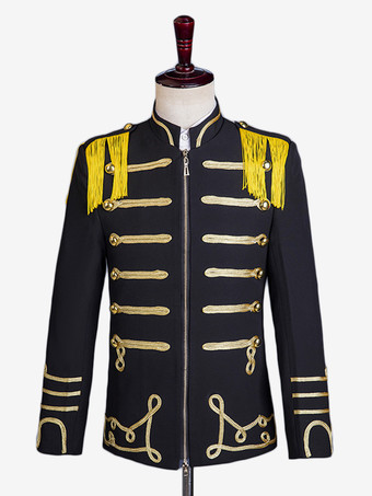 SchwarzSchwarzes Vintage-Oberteil im Euro-Stil aus Polyester mit Fransenknöpfen Farbblock lange Ärmel Retro-Kostüme für Männer