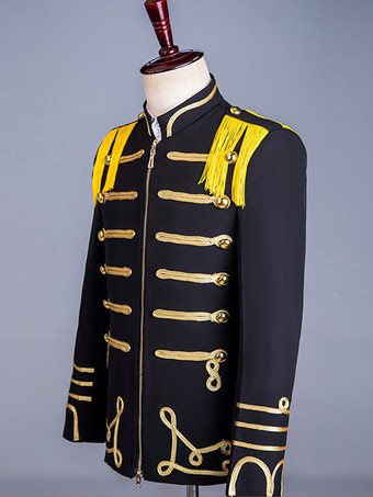 Schwarzes Vintage-Oberteil im Euro-Stil aus Polyester mit Fransenknöpfen Farbblock lange Ärmel Retro-Kostüme für Männer