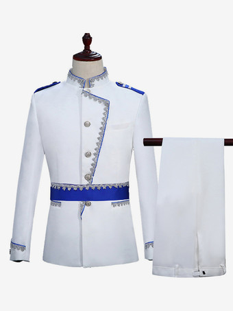 blanc Ensemble blanc vintage rétro en polyester avec boutons et volants blocs de couleurs manches longues costumes rétro pour homme