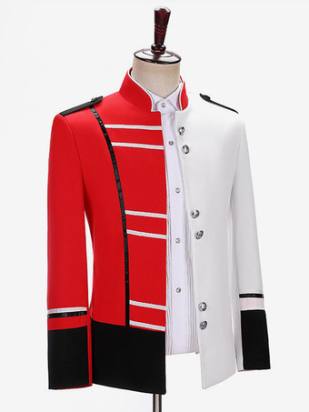 Rotes Vintage-Oberteil mit Retro-Knöpfen Farbblock langen Ärmeln Polyester-Mantel Retro-Kostüme für Männer