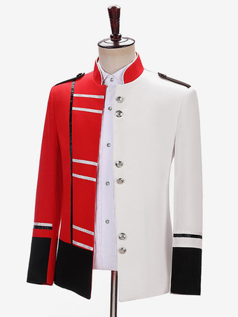 Rotes Vintage-Oberteil mit Retro-Knöpfen Farbblock langen Ärmeln Polyester-Mantel Retro-Kostüme für Männer