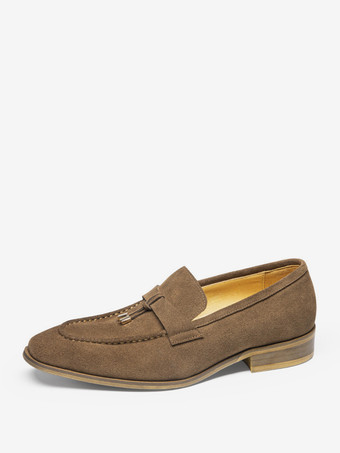 タンカラーメンズ ペニーローファーシューズ スエードレザー メタルディテール タッセル クラシックローファー