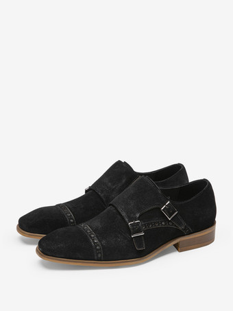 ブラック スエードレザーバックルメンズモンクローファーシューズ