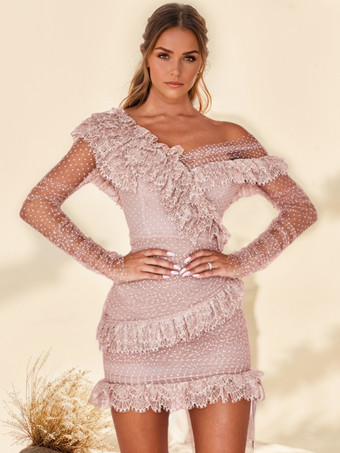 ピンクボディコン レースドレス Vネック 長袖 ロマンチック 誕生日パーティー セミフォーマル ミニドレス レディース 2025